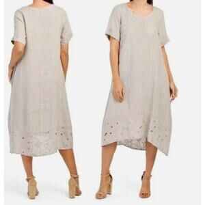 Rosemarine Linen Womens Oversized Midi Dress Sz Small Eyelet Lace Hem Lagenlook